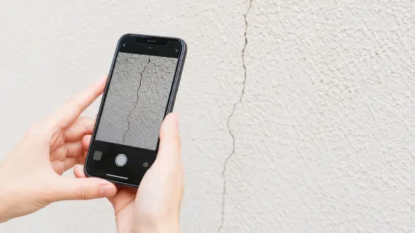 スマートフォンで外壁のひびを撮影している様子
